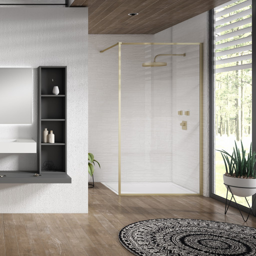 Aquaglass Velar+ Brushed Brass 800mm Clear Frame Walk-in Enclosure.